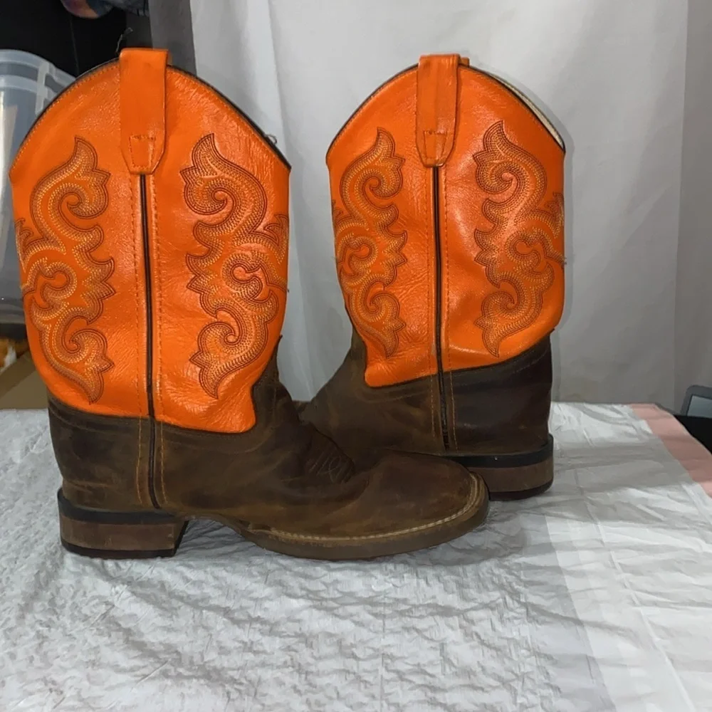 OLD WEST‎ GENUINE LEATHER Orange and Brown Western Cowboy Boots KIDS  SIZE 3D
